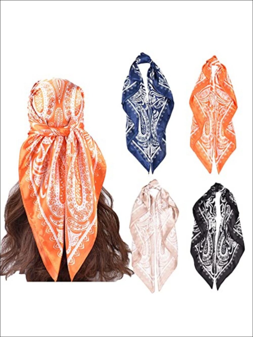 4Pc Silk Feel Satin Square Hair Scarf Set - 35 Inch Large Bandana Neck Scarves